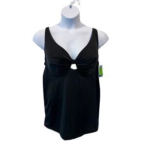 Cacique Women Swim Tankini Top In Solid Black Key Hole Front Plus Size 42D NEW